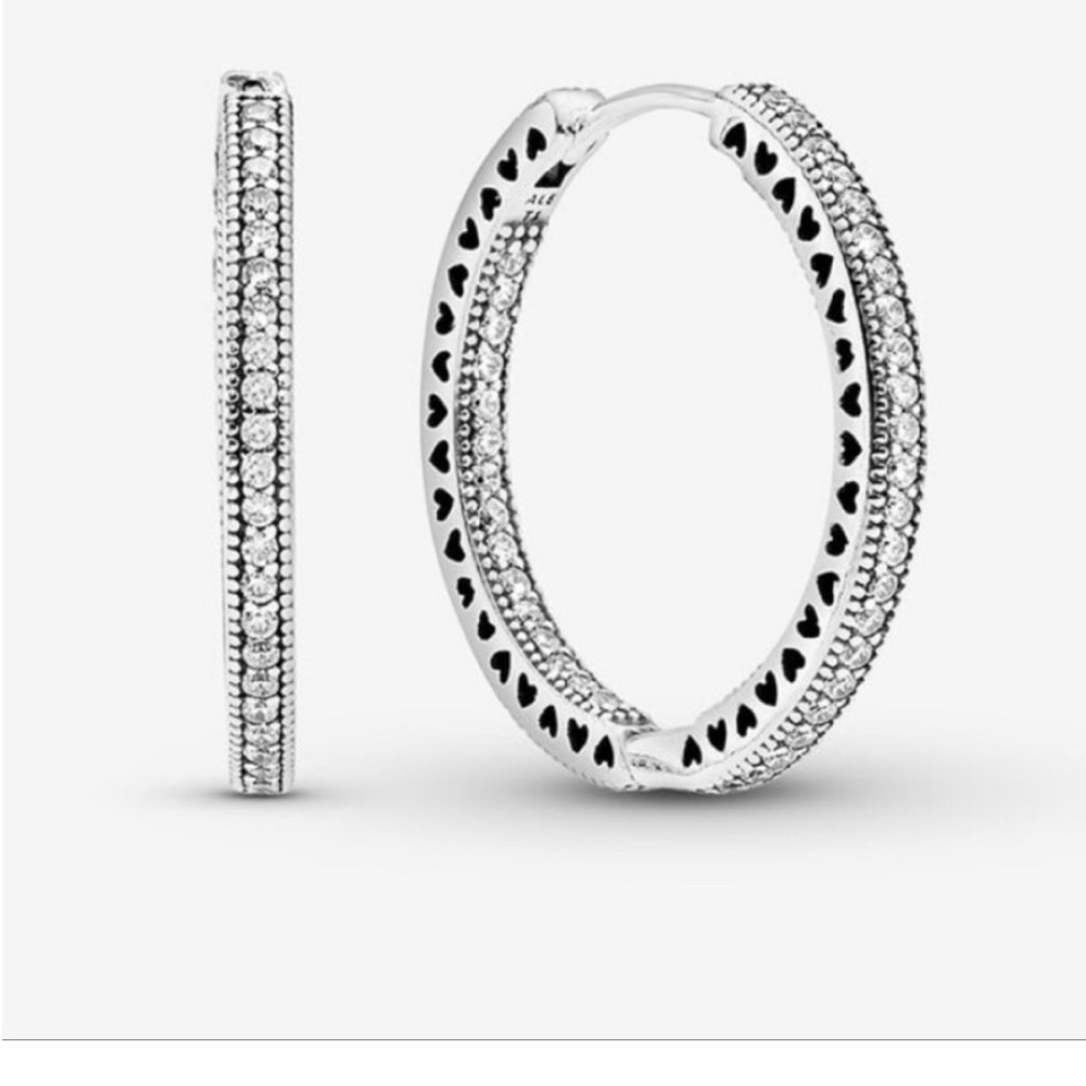 Pandora Sparkle and Hearts Hoop Earrings Sterling Silver 925 NWOB